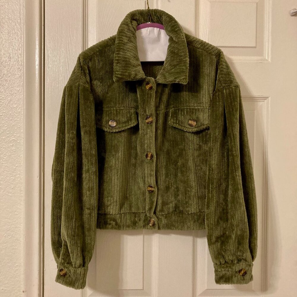 Great Condition, SZ M (see measurements) Corded Fuzzy Sweater Jacket, Green